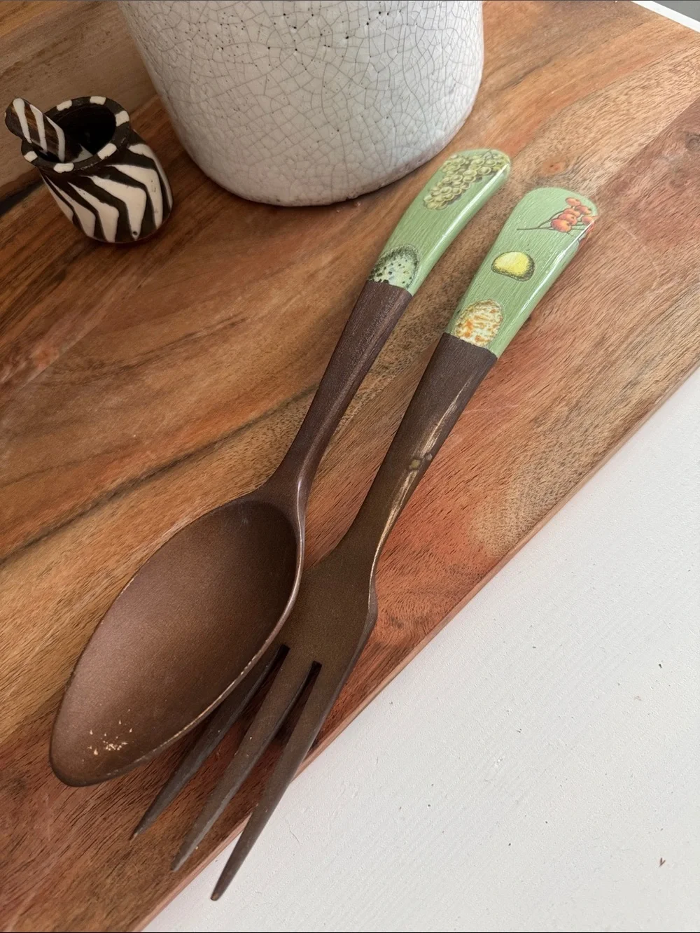 Vintage Green and Brown Wooden Salad Serving Utensil Set